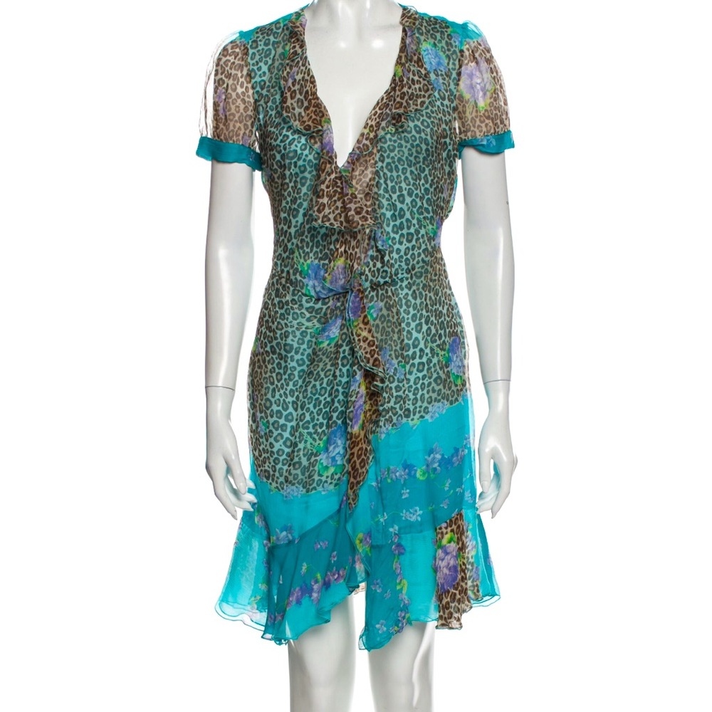 Blumarine Silk Wrap Ruffle Dress Floral Leopard Size IT40 US 4